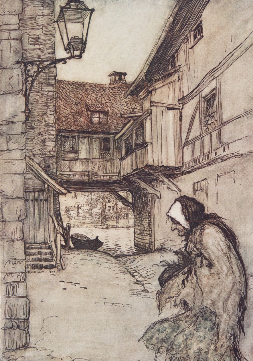 En gång var det en fattig gammal kvinna som bodde i en by, från Bröderna Grimms sagor, pub. 1909 av Arthur Rackham
