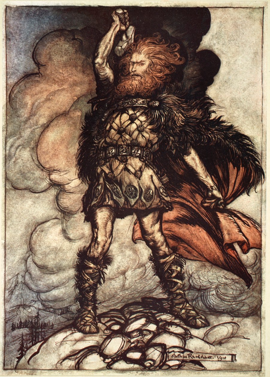 "En av gudarna, Donner, kallar bort dimman", 1910. av Arthur Rackham