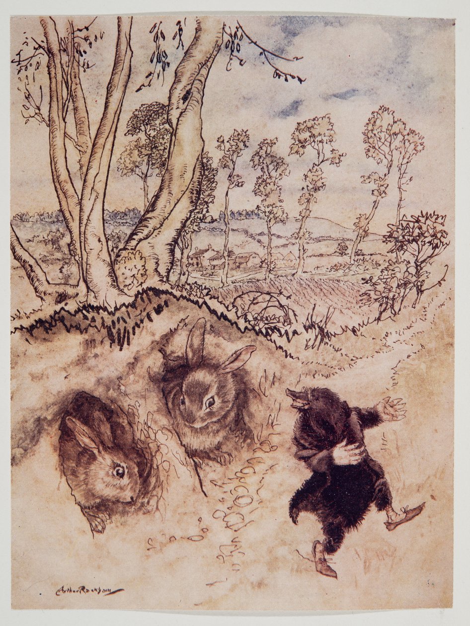 Lök-sås! Lök-sås! anmärkte han hånfullt och var borta innan de kunde komma på ett svar, från Wind in the Willows av Kenneth Grahame (1859 - 1932), pub. 1940 av Arthur Rackham