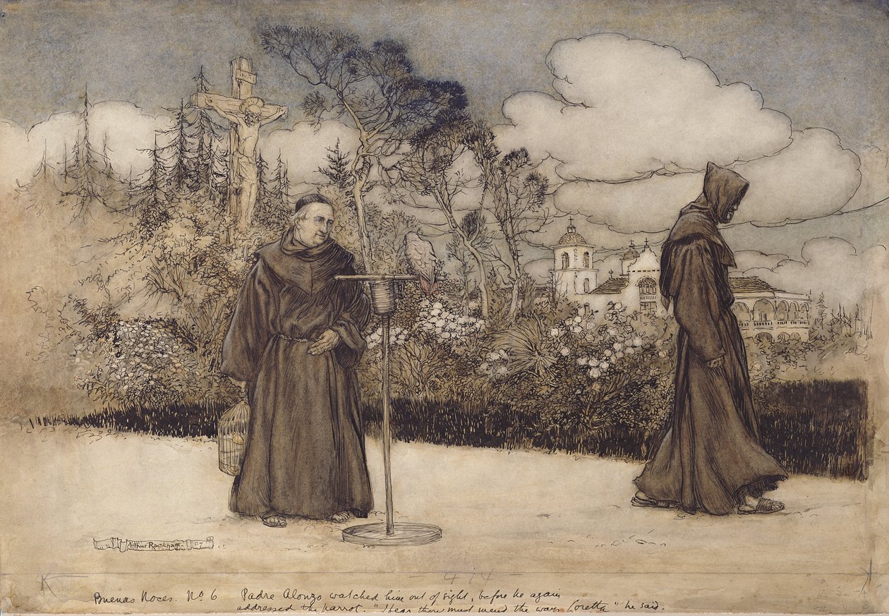 Padre Alonzo såg honom utom synhåll, illustration från Good Night av Eleanor Gates, 1907 (penna och bläck & wc på papper) av Arthur Rackham