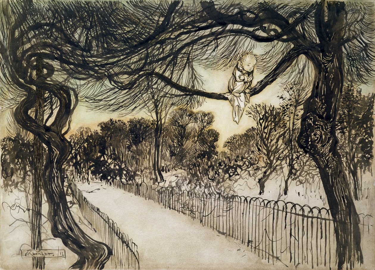 Peter Pan on a Branch, scen från Peter Pan i Kensington Gardens av J.M Barrie, 1912 (penna och bläck och wc) av Arthur Rackham
