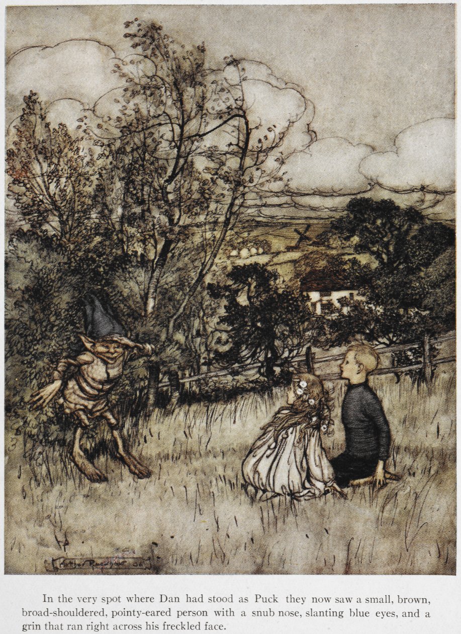 Puck dyker upp för Dan och Una. En berättelse som utspelar sig i Sussex Hills. av Arthur Rackham