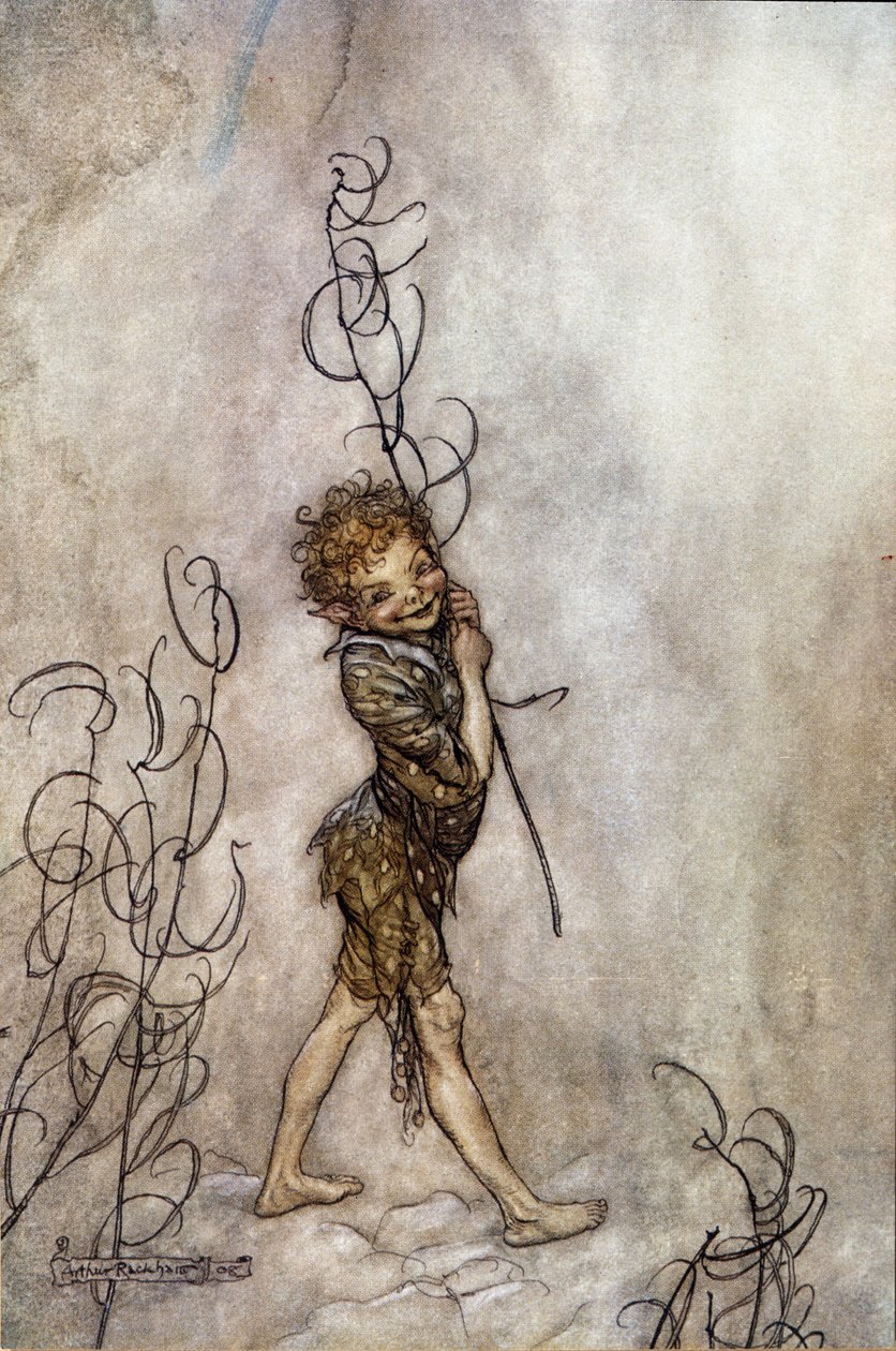 Puckkaraktären i pjäsen. Illustration till The Dream of a Summer Night av William SHAKESPEARE av Arthur Rackham