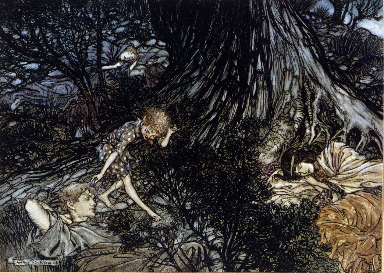 Puck sätter ett magiskt filter på ögonlocken på sovande karaktärer. Illustration av Arthur RACKHAM (1867-1939) för The Dream of a Summer Night av William SHAKESPEARE av Arthur Rackham