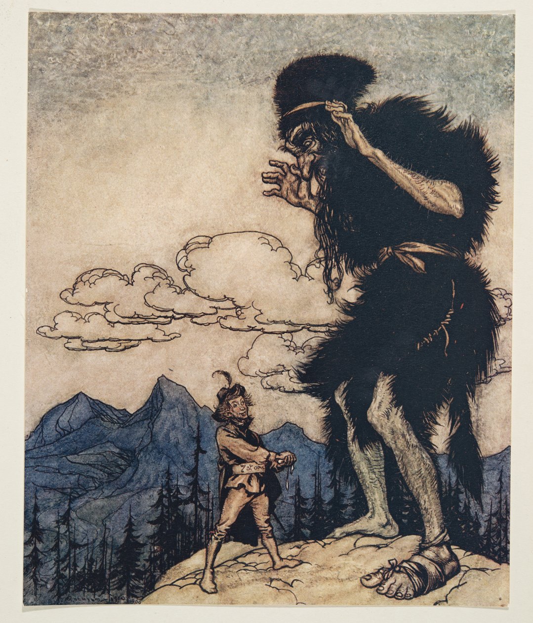 Han drog upp mjukostbiten ur fickan och klämde den tills fukten tog slut ..från Bröderna Grimms sagor, pub. 1909 av Arthur Rackham