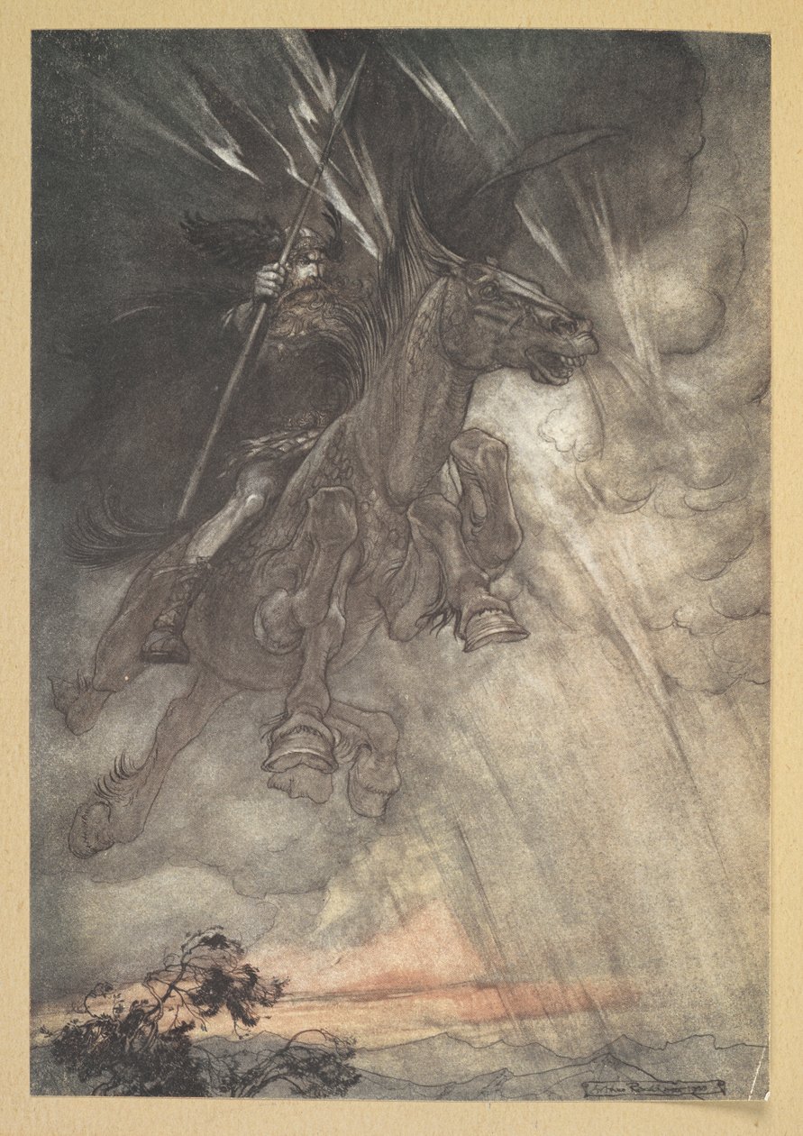 "Raging, Wotan åker till berget! Som en storm-wind kommer han!" av Arthur Rackham
