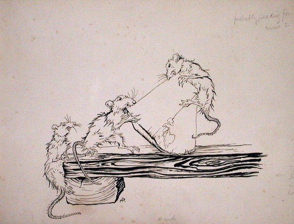 "Råttor! ... åt osten ur karen!", illustration från "The Pied Piper of Hamelin", version av Robert Browning, publicerad 1934 (penna och bläck på papper) av Arthur Rackham