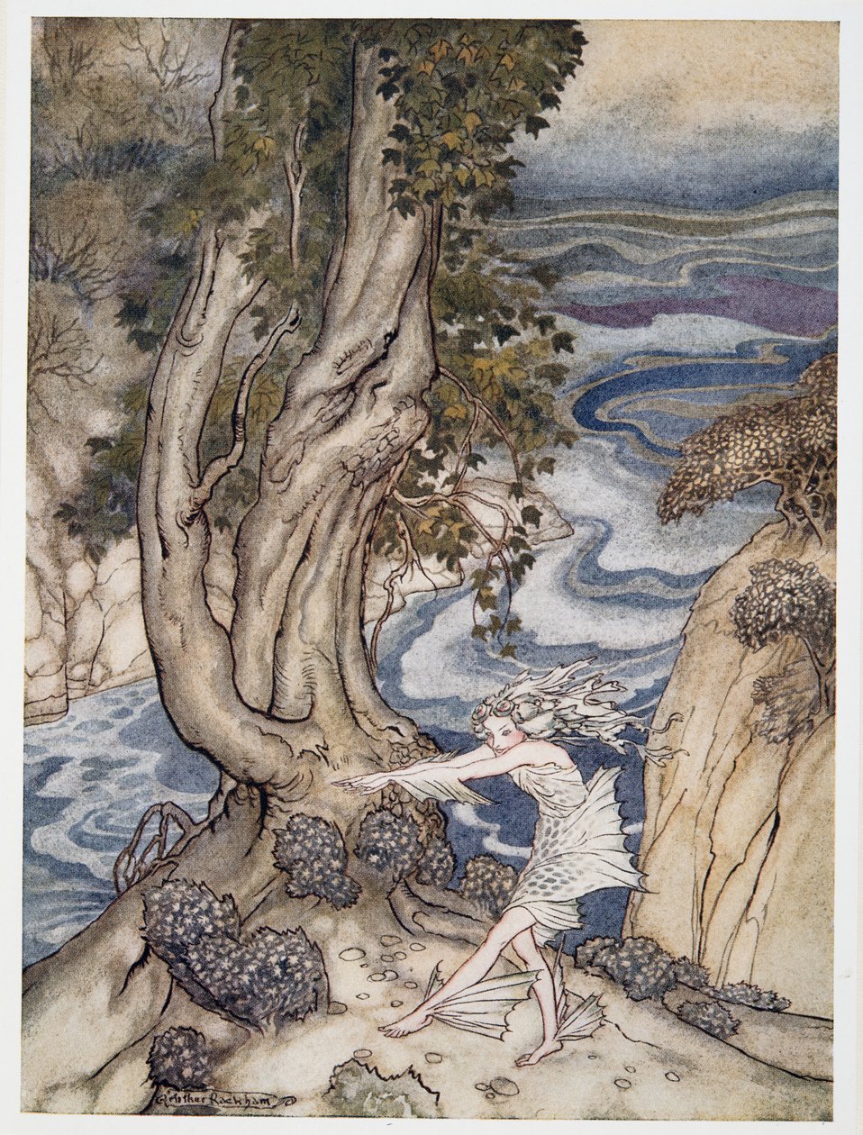 Gå in i Ariel igen som en vattennymf, illustration från William Shakespeares The Tempest, pub. 1926 av Arthur Rackham