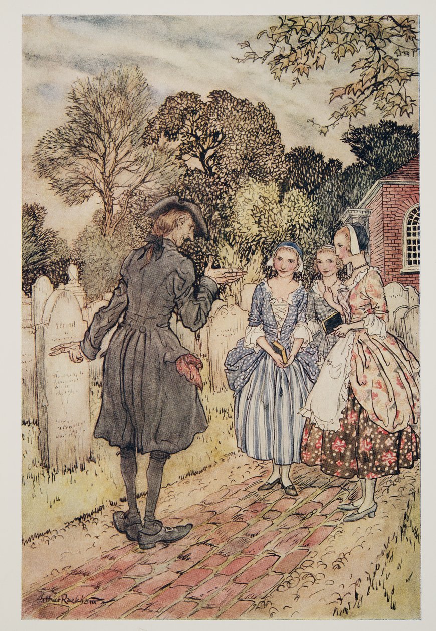 Reciterar för sin nöje alla epitafier på gravstenarna.., från The Legend of Sleepy Hollow av Washington Irving (1783 - 1859), pub. 1928 av Arthur Rackham
