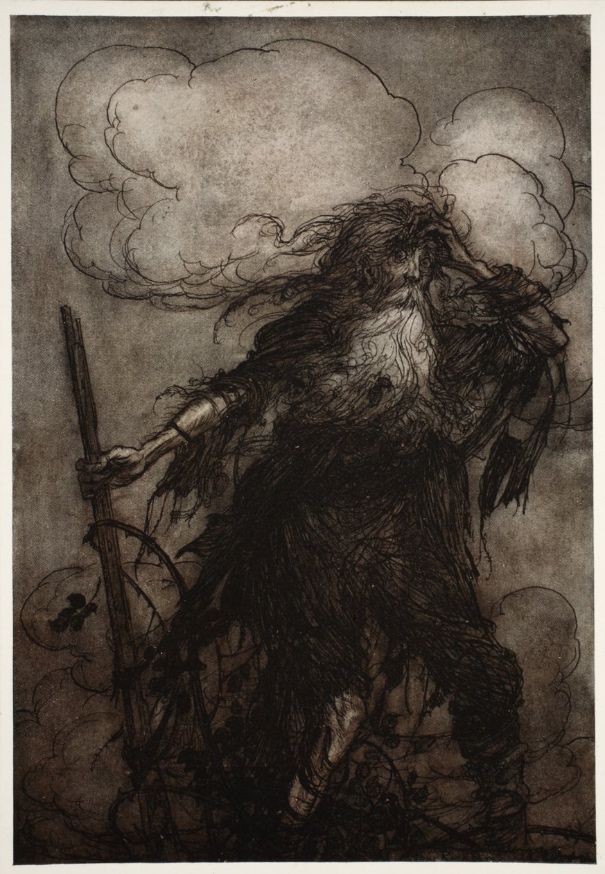 Rip vaknar. Visst, även om han, har jag inte sovit här på hela natten? Åh! Den där flaggan! Den där elaka flaggan! Vilken ursäkt ska jag göra för Dame Van Winkle? från Rip Van Winkle av Washington Irving, pub. 1910 av Arthur Rackham