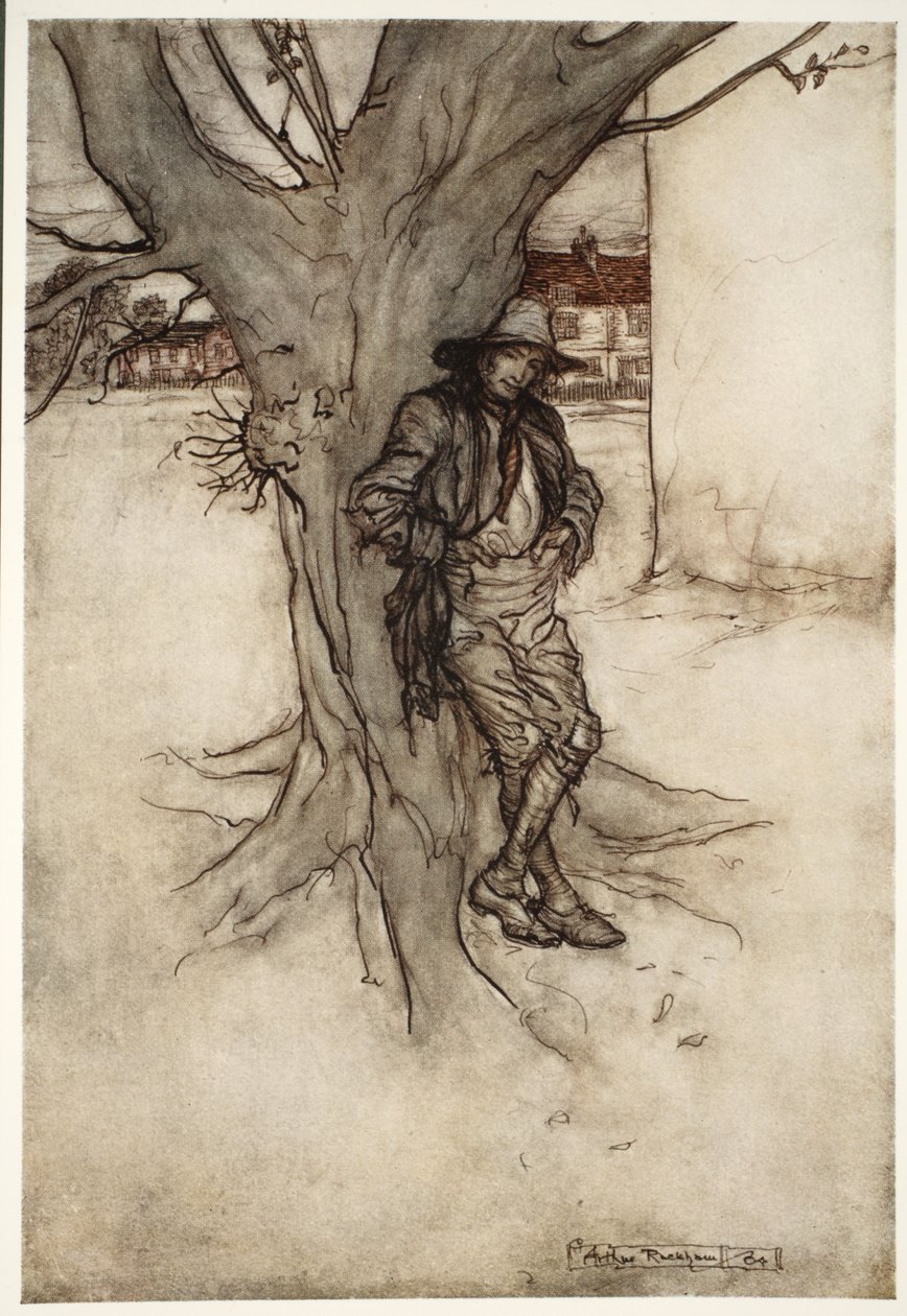Rips son, en exakt motsvarighet till sig själv, när han gick upp på berget., från Rip Van Winkle av Washington Irving, pub. 1910 av Arthur Rackham