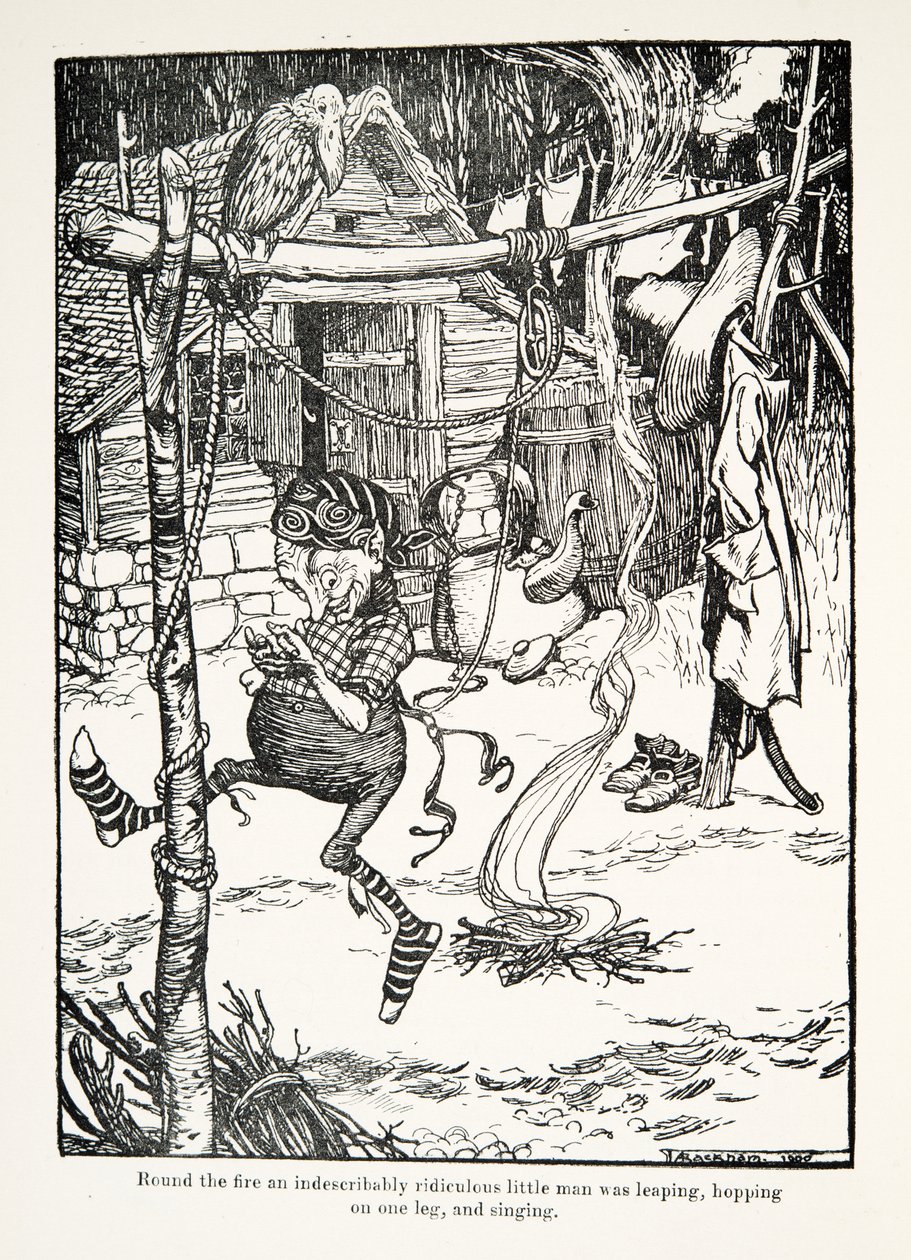 Runt elden hoppade en obeskrivligt löjlig liten man, hoppade på ett ben och sjöng, från The Fairy Tales of the Brothers Grimm, pub. 1909 av Arthur Rackham