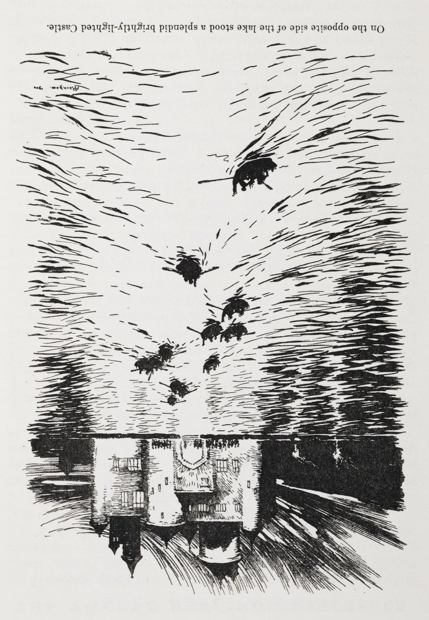 Roddbåtar på en flod som närmar sig ett slott på natten. av Arthur Rackham