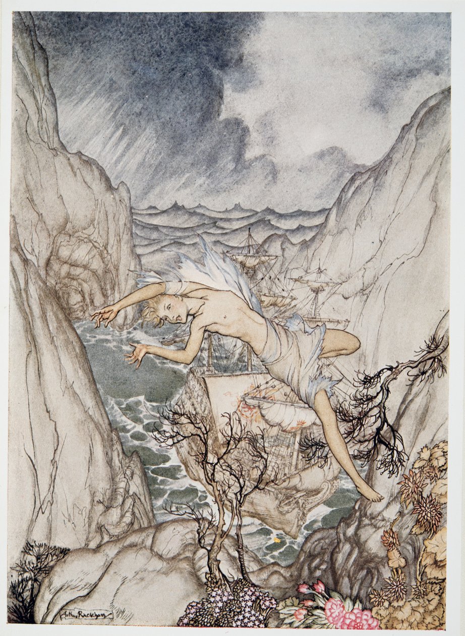 Tryggt i hamnen ligger kungens skepp, illustration från William Shakespeares The Tempest, pub. 1926 av Arthur Rackham