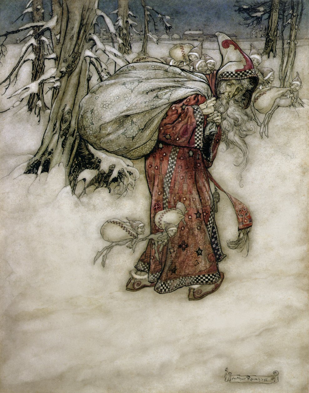 Jultomten, illustration från Arthur Rackhams Book of Pictures, 1907, publicerad 1913 (penna, bläck & wc på papper) av Arthur Rackham