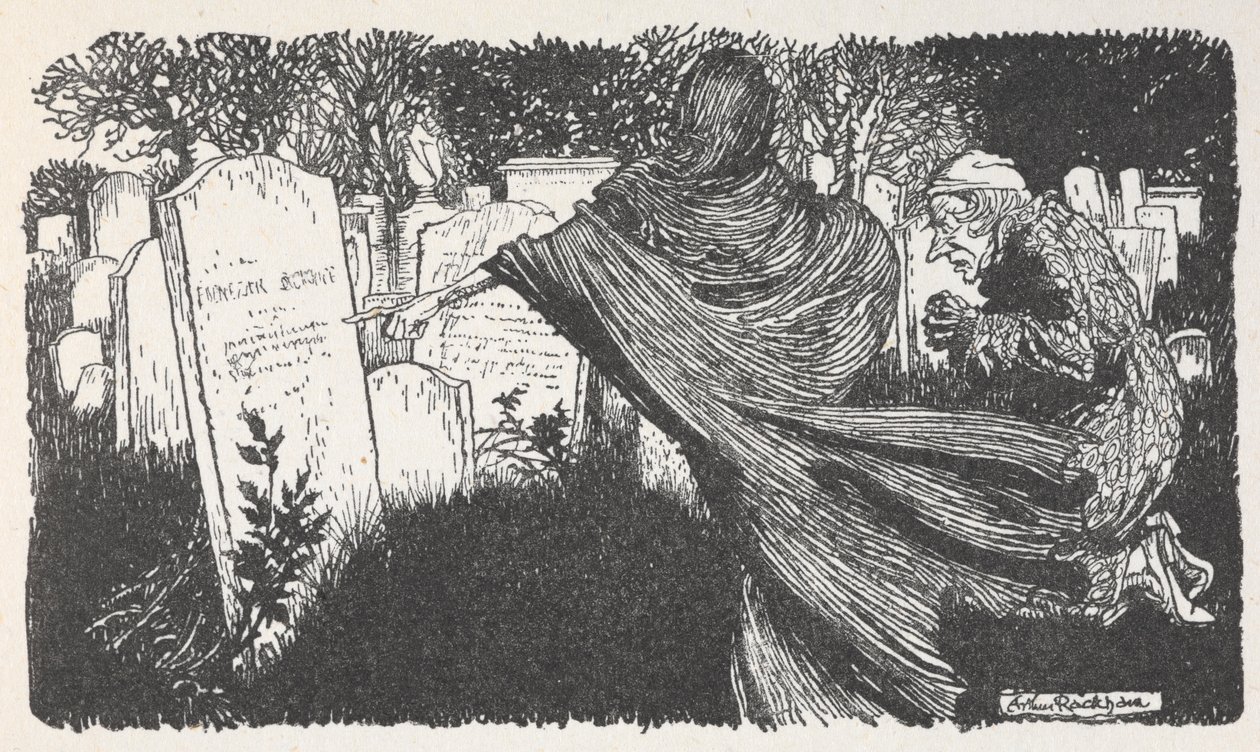 夜の墓地にいるスクルージと幽霊.スウェーデン語 av Arthur Rackham
