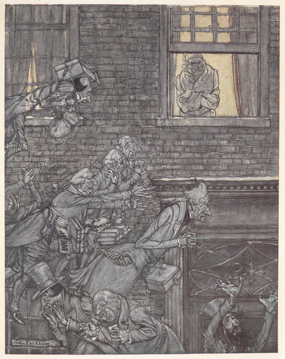 Scrooge vid sitt fönster och tittar på spöken på gatan nedanför av Arthur Rackham