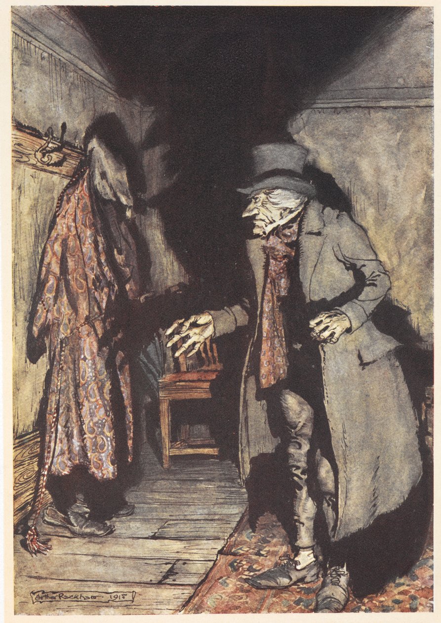 Scrooge i sitt hus på natten av Arthur Rackham