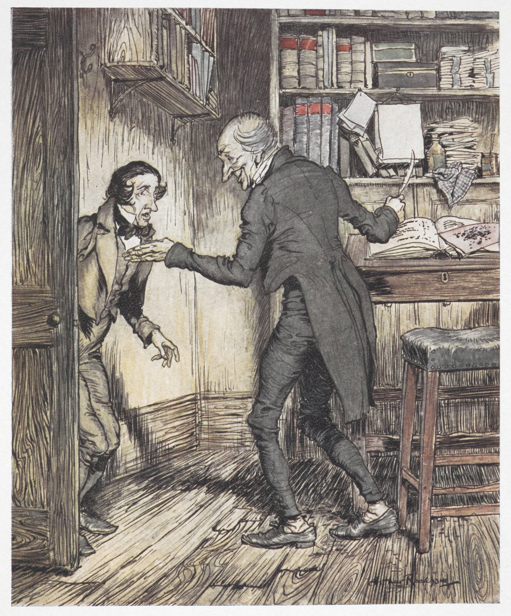 Scrooge skriver på sitt kontor när en annan man kommer in av Arthur Rackham
