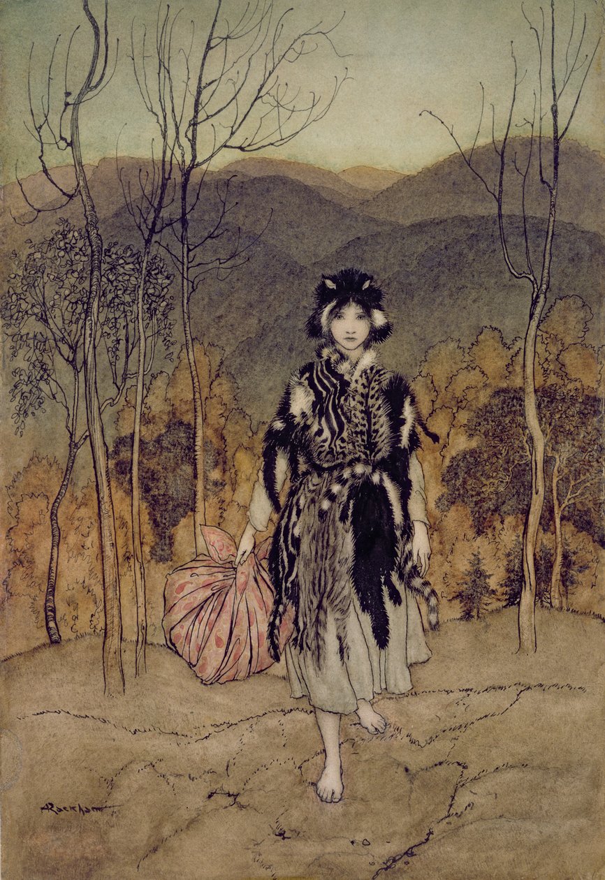 She Went Along, and Went Along, and Went Along Catskin, illustration från English Fairy Tales, återberättad av F.A Steel, 1918 (penna och bläck, wc) av Arthur Rackham
