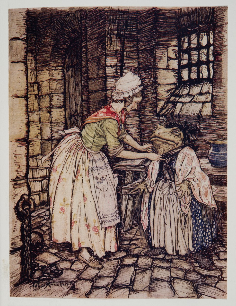 Hon arrangerade sjalen med ett proffsigt veck och band den rostiga huvens snören under hans haka, från Wind in the Willows av Kenneth Grahame (1859 - 1932), pub. 1940 av Arthur Rackham