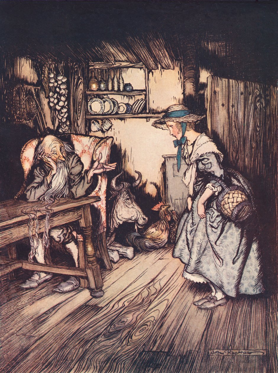 Hon bad ganska vackert om att få övernatta där. Illustration av Arthur Rackham från Grimm