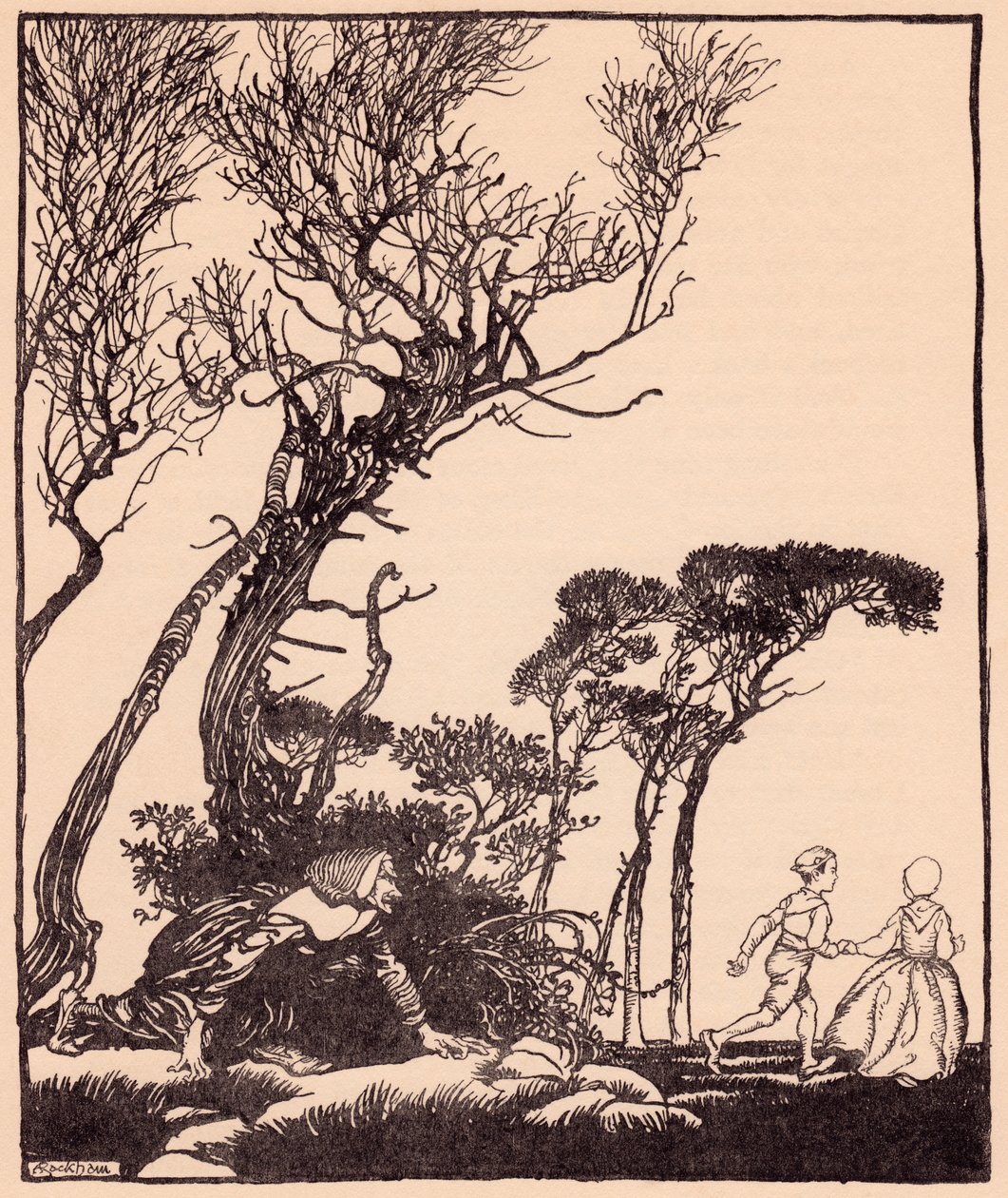 Hon smög efter dem i hemlighet, som häxor kryper. Illustration av Arthur Rackham från Grimms saga Lillebror och lillasyster. av Arthur Rackham