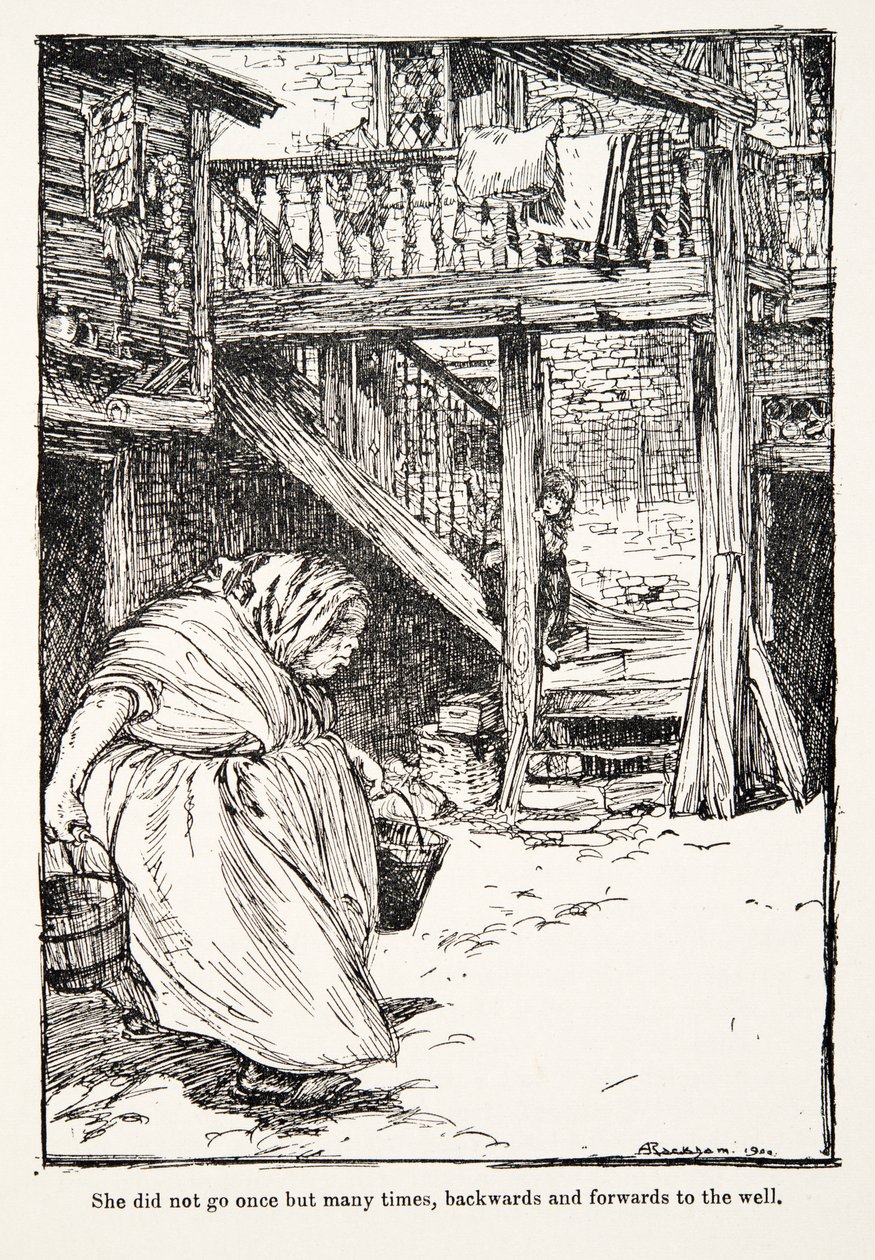 Hon gick inte en gång utan många gånger, fram och tillbaka till brunnen, från Bröderna Grimms sagor, pub. 1909 av Arthur Rackham