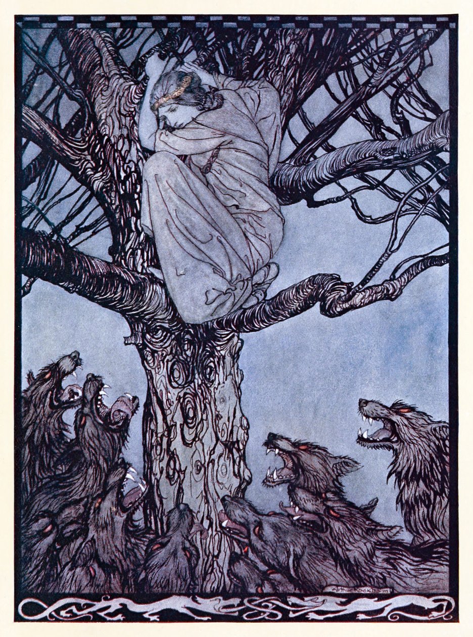 Hon såg med arg ve på den ansträngande och morrande horden nedanför. från The Wooing of Becfola in Irish Fairy Tales av Arthur Rackham