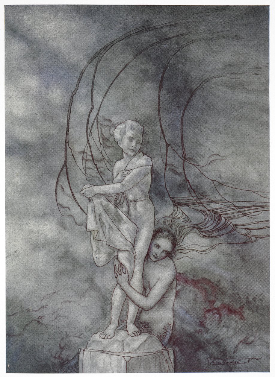 "Hon lade armarna runt marmorfiguren som var så lik prinsen". Illustration till berättelsen, "den lilla sjöjungfrun". av Arthur Rackham