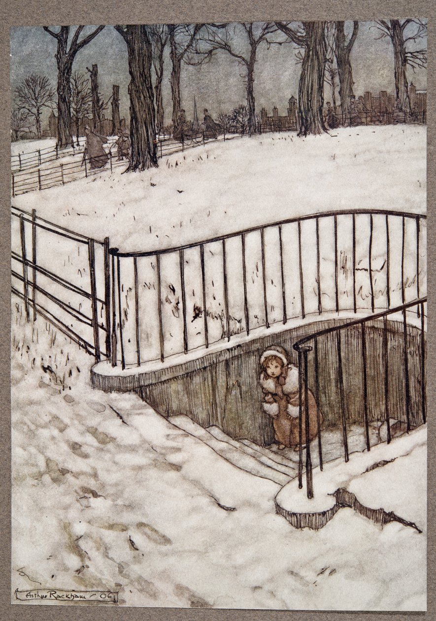 Hon sprang till St Govers väl och gömde sig .. , från Peter Pan i Kensington Gardens av J M Barrie (1860 - 1937), pub. 1906 av Arthur Rackham
