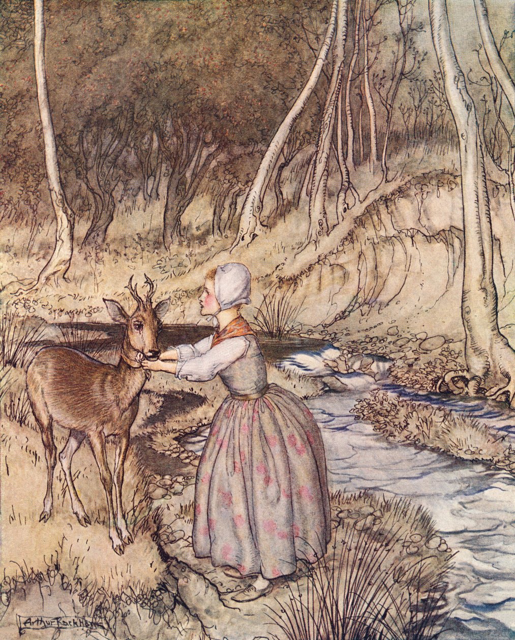 Hon tog av sig sin gyllene strumpeband och satte den runt löjromsbockens hals. Illustration av Arthur Rackham från Grimms saga, lillebror och lillasyster, publicerad i slutet av 1800-talet. av Arthur Rackham