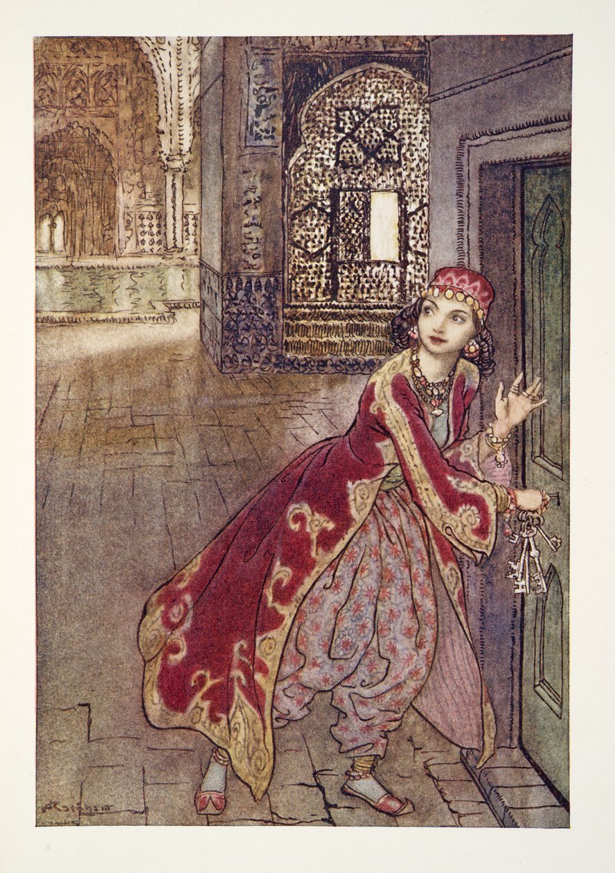 Hon tog sedan den lilla nyckeln och öppnade darrande dörren från The Arthur Rackham Fairy Book, pub. 1933 av Arthur Rackham