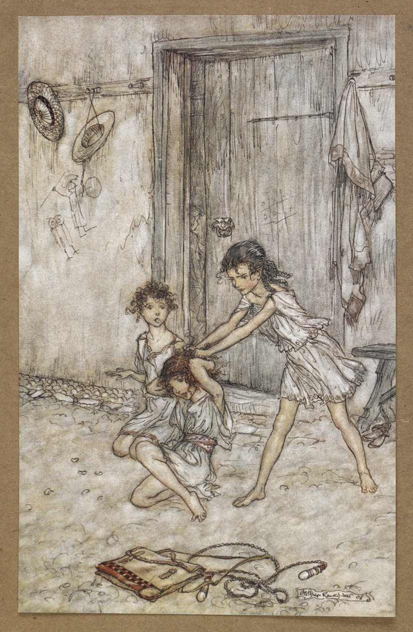 学校に行ったとき、彼女はビクセンでした。」 「真夏の夜の夢」の一場面.swedish av Arthur Rackham