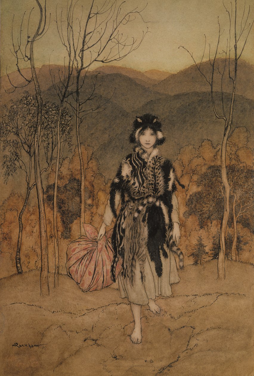 Hon följde med, och följde med, och gick med klädd i kattskinn, illustration från English Fairy Tales återberättade av F.A. Steel, publicerad 1918 (penna och bläck & wc på papper) av Arthur Rackham