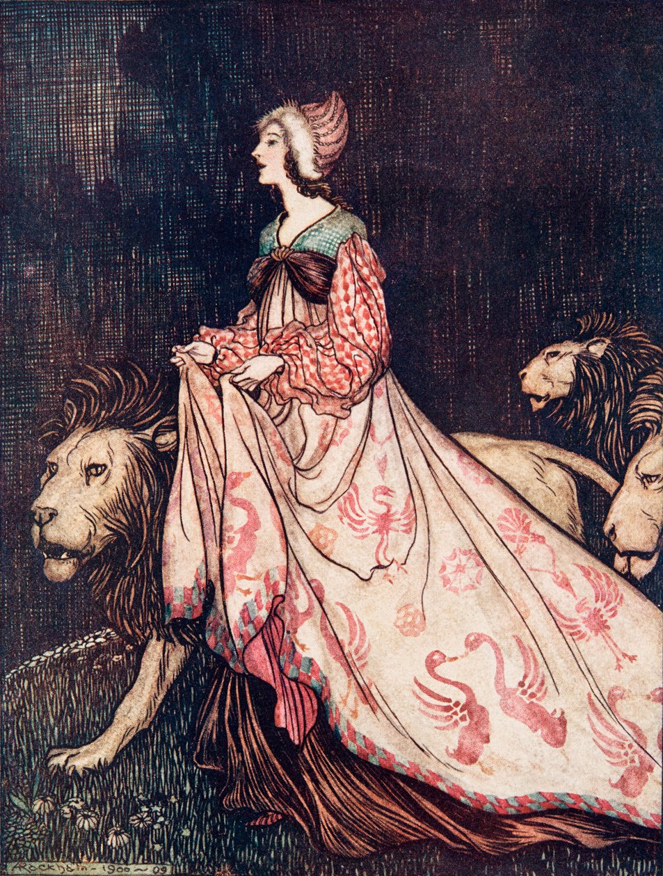 Hon åkte iväg tillsammans med lejonen från Bröderna Grimms sagor, puben. 1909 av Arthur Rackham