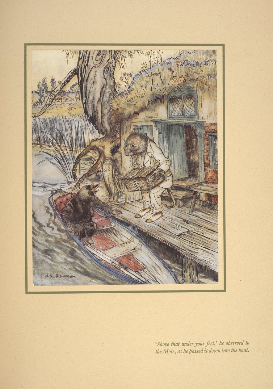 "Knuffa den under din fot", observerade han (Ratty) till mullvaden när han skickade den ner i båten. av Arthur Rackham