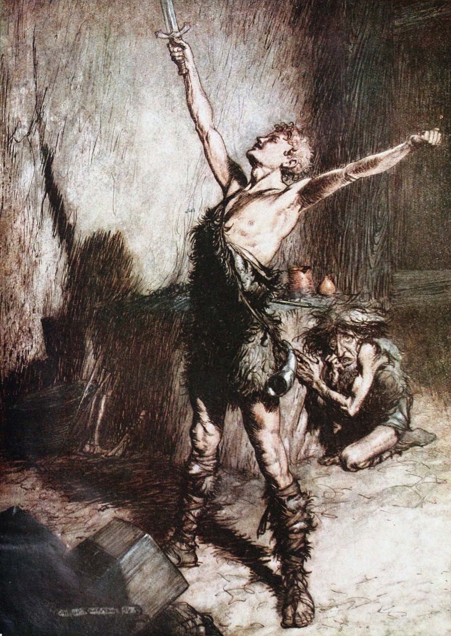 Siegfried smider sitt svärd. Illustration för Siegfried och The Twilight of the Gods av Richard Wag av Arthur Rackham