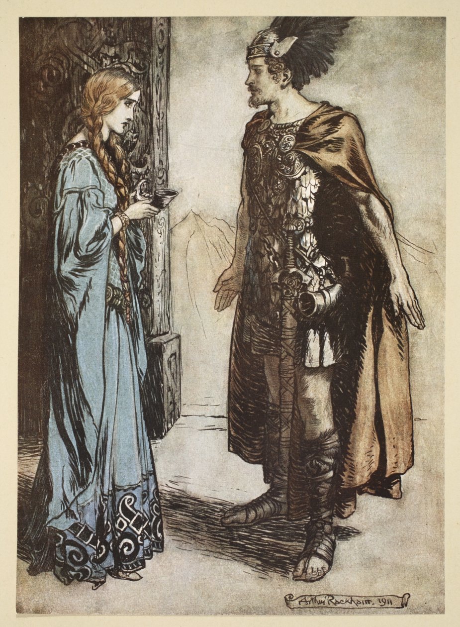 Siegfried ger tillbaka drickshornet till Gutrune och stirrar på henne med plötslig passion, illustration från "Siegfried and the Twilight of the Gods", 1924 av Arthur Rackham
