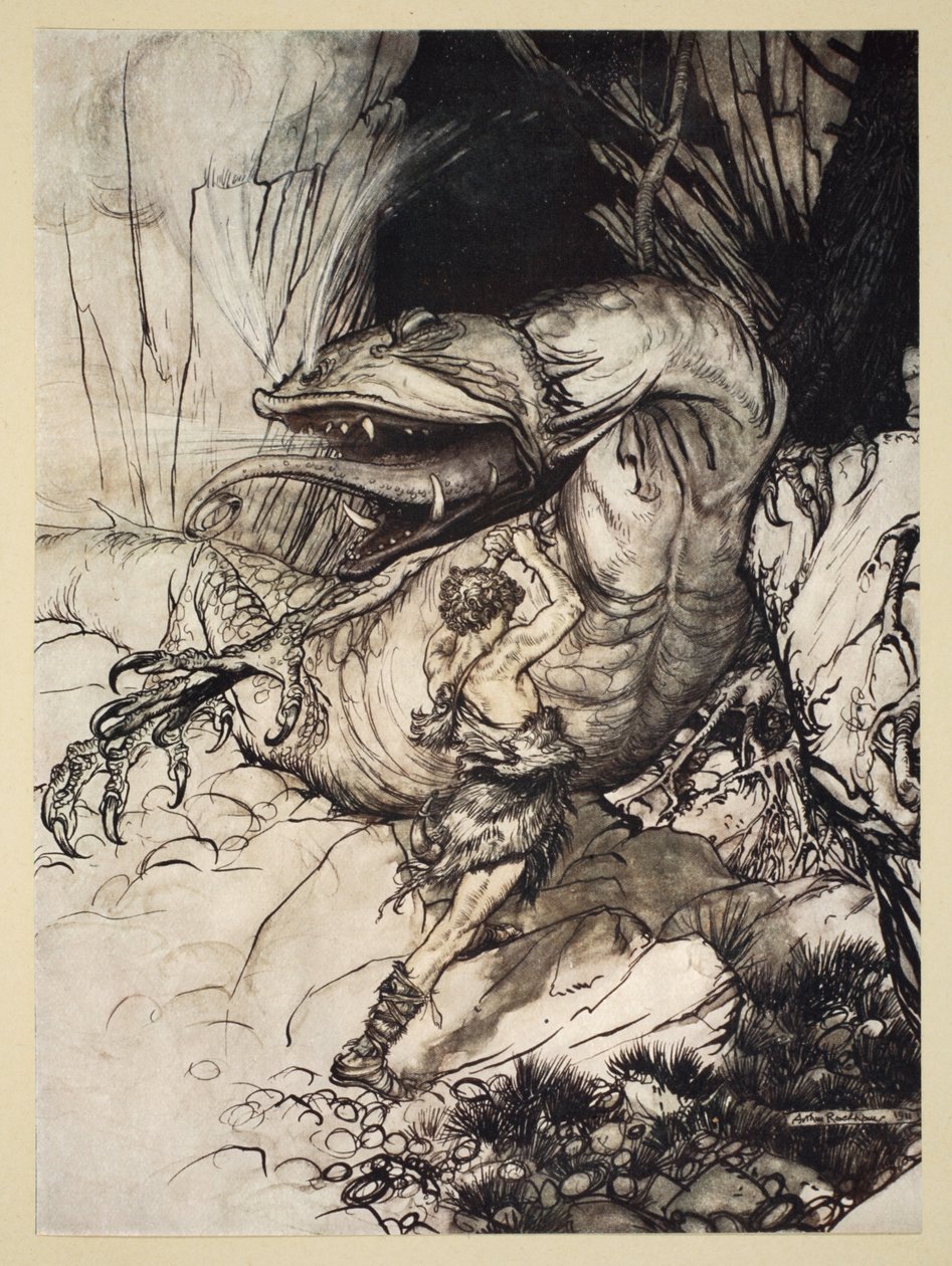 Siegfried dödar Fafner, illustration från "Siegfried och gudarnas skymning", 1924 av Arthur Rackham