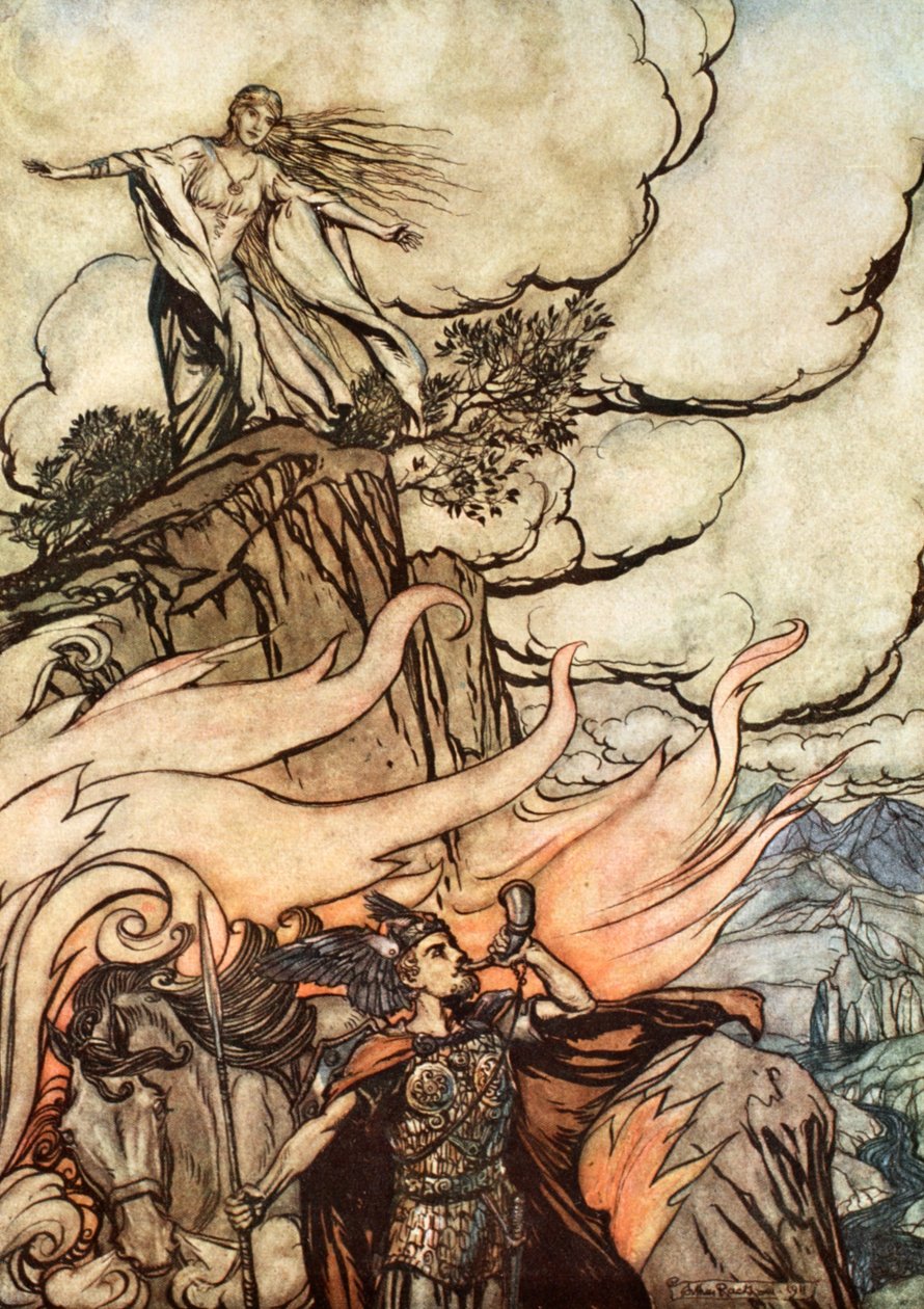 "Siegfried lämnar Brunnhilde på jakt efter äventyr", 1924. av Arthur Rackham