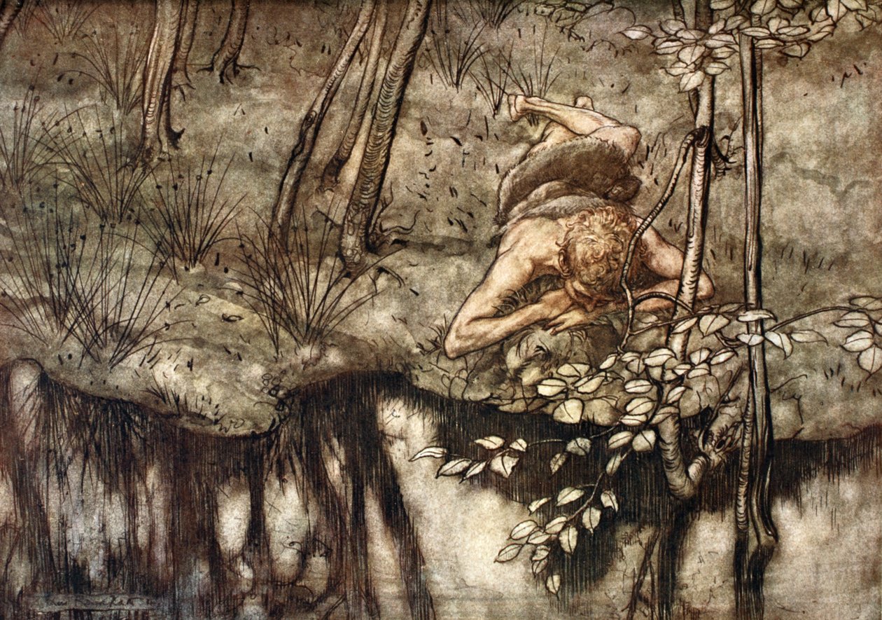 "Siegfried ser sig själv i strömmen", 1924. av Arthur Rackham