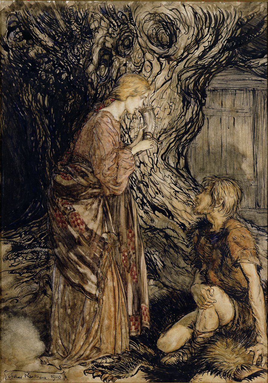Siegmund och Sieglinde, Illustration från Rhinegold and the Valkyrie av Richard Wagner, Heinemann, 1910 (penna & bläck med wc på papper) av Arthur Rackham