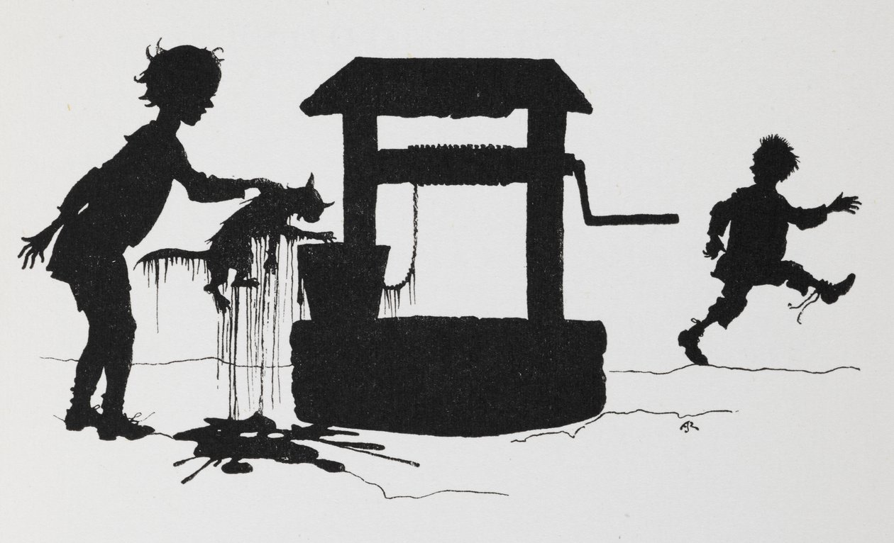 Siluett av en pojke som drar en katt ur en brunn. av Arthur Rackham