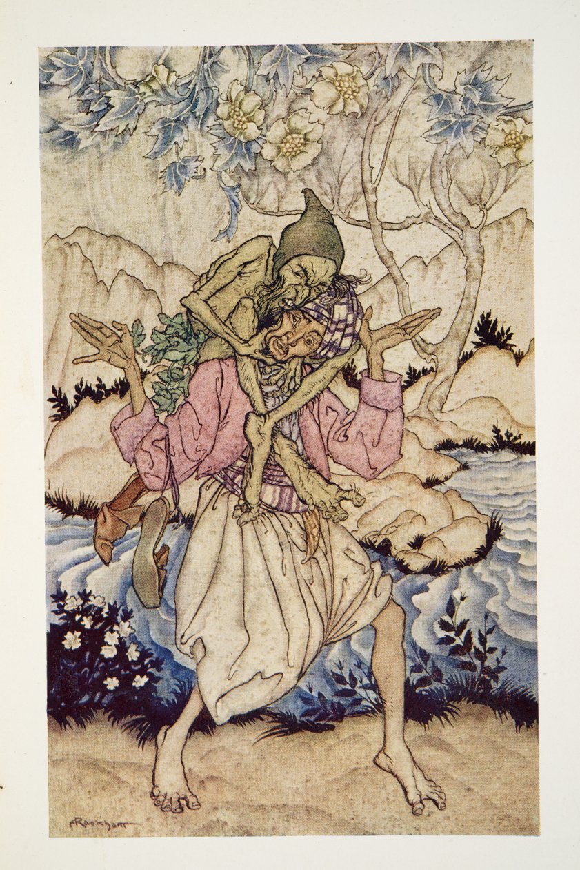 Sinbad bar havets gamle man på sina axlar, från The Arthur Rackham Fairy Book, pub. 1933 av Arthur Rackham