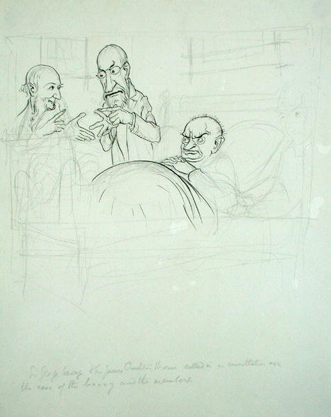 Sir George Savage och Sir James Crichton Browne (1840-1937) kallade i samråd om fallet med BXXXY och medlemmarna (penna och bläck och penna på papper) av Arthur Rackham