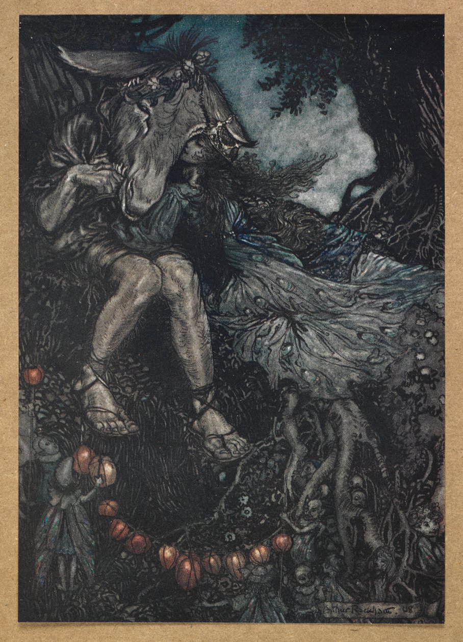 Sov du, så ska jag vinda dig i mina armar. Botten och Titania. En scen ur "En midsommarnattsdröm". av Arthur Rackham
