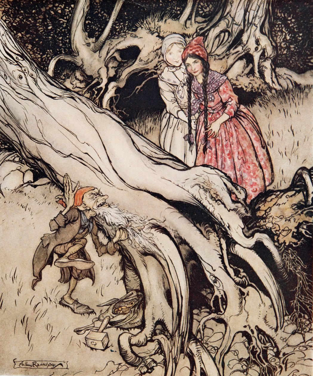Snow-White and Rose-Red, från Little Brother & Little Sister and Other Tales by the Brothers Grimm, pub.1917 (färg litho) av Arthur Rackham