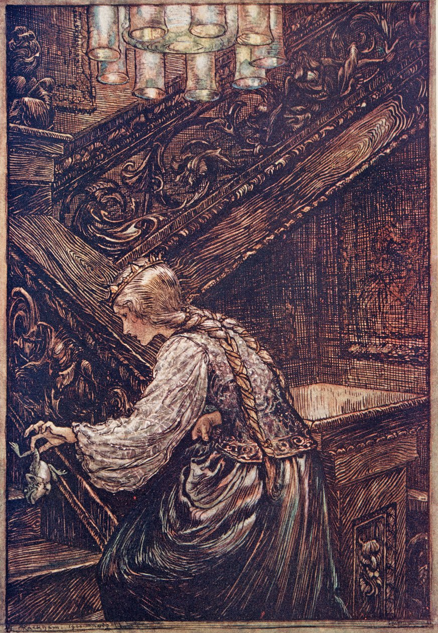 Så hon grep honom med två fingrar och bar honom upp på övervåningen .., från Sagorna om bröderna Grimm, pub. 1909 av Arthur Rackham