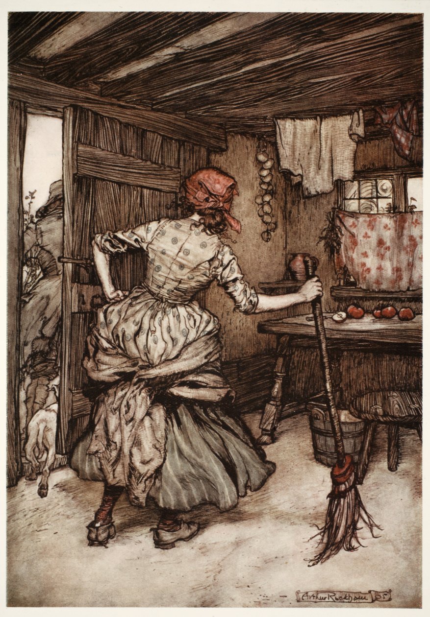 Så att han var lätt att dra av sina styrkor och ta sig till utsidan av huset - den enda sida som i sanning tillhör den hönspetade maken., från Rip Van Winkle av Washington Irving, pub. 1910 ( av Arthur Rackham
